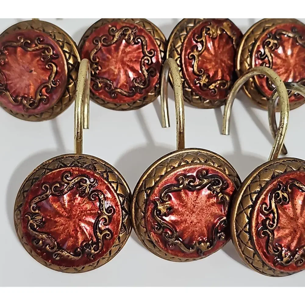 Set of 12 Shower Curtain Hooks Red Gold Ornate Bathroom Decor Whimsy